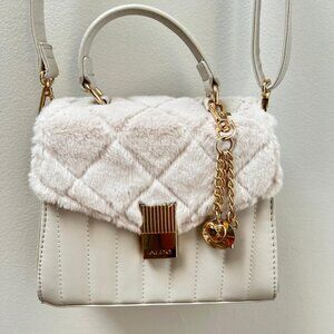 New Aldo Cream Faux Fur Quilted Crossbody Bag with Gold Heart Charm